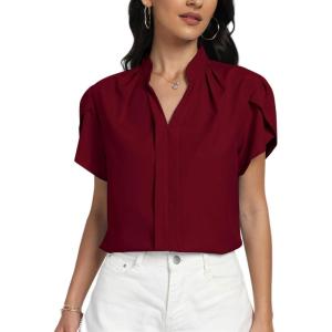 imageLYANER Womens Casual Split V Neck Petal Cap Sleeve Chiffon Blouse Shirt TopsBurgundy