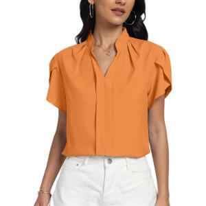 imageLYANER Womens Casual Split V Neck Petal Cap Sleeve Chiffon Blouse Shirt TopsOrange