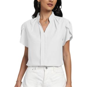 imageLYANER Womens Casual Split V Neck Petal Cap Sleeve Chiffon Blouse Shirt TopsWhite