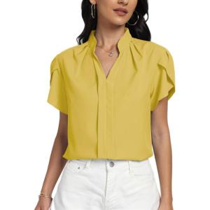 imageLYANER Womens Casual Split V Neck Petal Cap Sleeve Chiffon Blouse Shirt TopsYellow