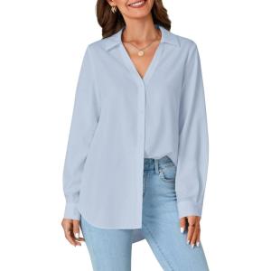 imageLYANER Womens Collar V Neck Button Down Long Sleeve Casual Work Office Blouse Shirts TopAzure