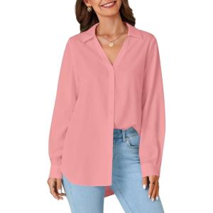 imageLYANER Womens Collar V Neck Button Down Long Sleeve Casual Work Office Blouse Shirts TopPink