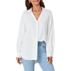 imageLYANER Womens Collar V Neck Button Down Long Sleeve Casual Work Office Blouse Shirts TopWhite