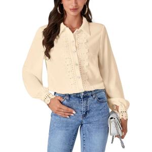 imageLYANER Womens Floral Lace Collar V Neck Button Down Long Puff Sleeve Office Blouse Shirt TopBeige