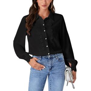 imageLYANER Womens Floral Lace Collar V Neck Button Down Long Puff Sleeve Office Blouse Shirt TopBlack