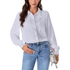 imageLYANER Womens Floral Lace Collar V Neck Button Down Long Puff Sleeve Office Blouse Shirt TopLight Blue