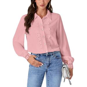 imageLYANER Womens Floral Lace Collar V Neck Button Down Long Puff Sleeve Office Blouse Shirt TopLight Pink