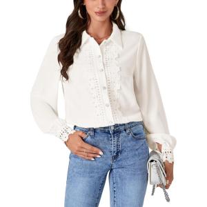 imageLYANER Womens Floral Lace Collar V Neck Button Down Long Puff Sleeve Office Blouse Shirt TopSolid White
