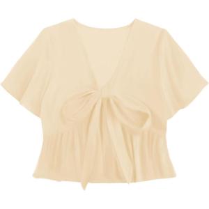 imageLYANER Womens Floral Print V Neck Tie Knot Ruffle Hem Short Sleeve Blouse Peplum TopBeige