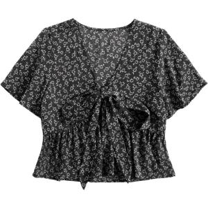 imageLYANER Womens Floral Print V Neck Tie Knot Ruffle Hem Short Sleeve Blouse Peplum TopBlack