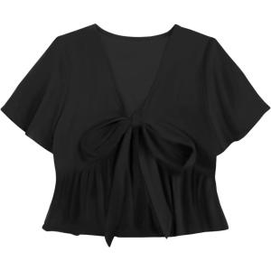 imageLYANER Womens Floral Print V Neck Tie Knot Ruffle Hem Short Sleeve Blouse Peplum TopBlack Solid