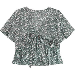 imageLYANER Womens Floral Print V Neck Tie Knot Ruffle Hem Short Sleeve Blouse Peplum TopDeep Green Floral