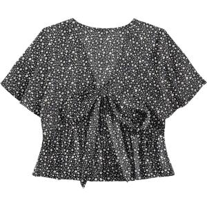 imageLYANER Womens Floral Print V Neck Tie Knot Ruffle Hem Short Sleeve Blouse Peplum TopFloral