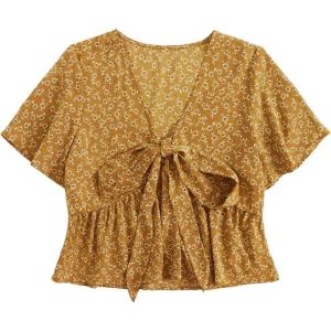 imageLYANER Womens Floral Print V Neck Tie Knot Ruffle Hem Short Sleeve Blouse Peplum TopGinger