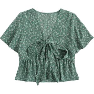imageLYANER Womens Floral Print V Neck Tie Knot Ruffle Hem Short Sleeve Blouse Peplum TopGreen Floral