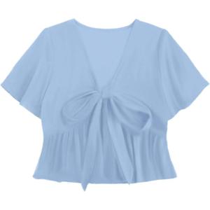 imageLYANER Womens Floral Print V Neck Tie Knot Ruffle Hem Short Sleeve Blouse Peplum TopLight Blue