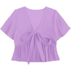 imageLYANER Womens Floral Print V Neck Tie Knot Ruffle Hem Short Sleeve Blouse Peplum TopLight Purple