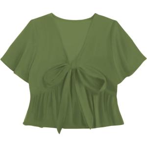 imageLYANER Womens Floral Print V Neck Tie Knot Ruffle Hem Short Sleeve Blouse Peplum TopPea Green
