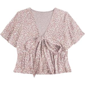 imageLYANER Womens Floral Print V Neck Tie Knot Ruffle Hem Short Sleeve Blouse Peplum TopPink Floral