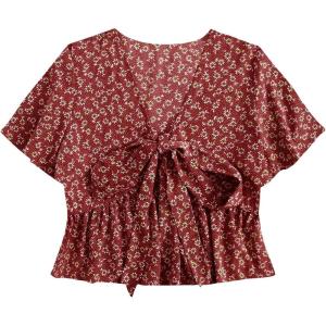 imageLYANER Womens Floral Print V Neck Tie Knot Ruffle Hem Short Sleeve Blouse Peplum TopRed