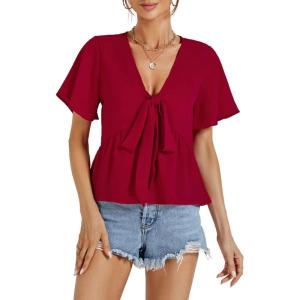imageLYANER Womens Floral Print V Neck Tie Knot Ruffle Hem Short Sleeve Blouse Peplum TopRed Solid