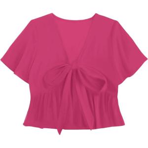 imageLYANER Womens Floral Print V Neck Tie Knot Ruffle Hem Short Sleeve Blouse Peplum TopRose