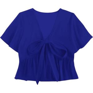 imageLYANER Womens Floral Print V Neck Tie Knot Ruffle Hem Short Sleeve Blouse Peplum TopRoyal Blue