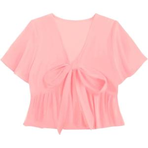 imageLYANER Womens Floral Print V Neck Tie Knot Ruffle Hem Short Sleeve Blouse Peplum TopSolid Pink