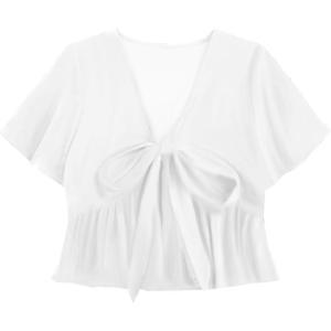 imageLYANER Womens Floral Print V Neck Tie Knot Ruffle Hem Short Sleeve Blouse Peplum TopWhite