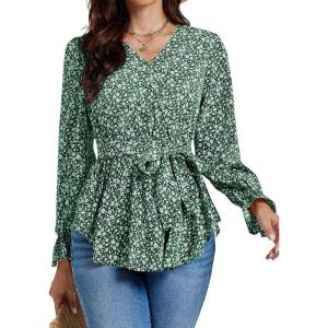 imageLYANER Womens Floral Wrap V Neck Tie Waist Peplum Ruffle Hem Long Sleeve Blouse Shirt TopFloral Green