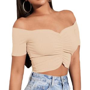 imageLYANER Womens Off Shoulder Ruched Short Sleeve Rib Knit Sexy Crop Top BlouseBeige