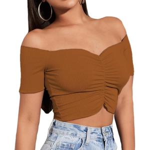 imageLYANER Womens Off Shoulder Ruched Short Sleeve Rib Knit Sexy Crop Top BlouseBrown