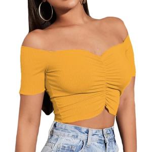 imageLYANER Womens Off Shoulder Ruched Short Sleeve Rib Knit Sexy Crop Top BlouseGinger