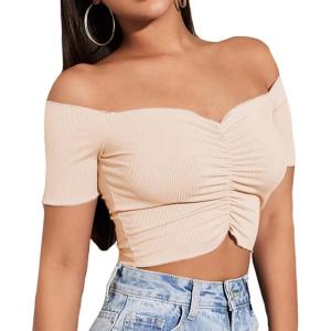 imageLYANER Womens Off Shoulder Ruched Short Sleeve Rib Knit Sexy Crop Top BlouseOffwhite