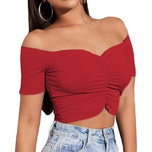imageLYANER Womens Off Shoulder Ruched Short Sleeve Rib Knit Sexy Crop Top BlouseRed