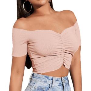 imageLYANER Womens Off Shoulder Ruched Short Sleeve Rib Knit Sexy Crop Top BlouseSolid Dusty Pink