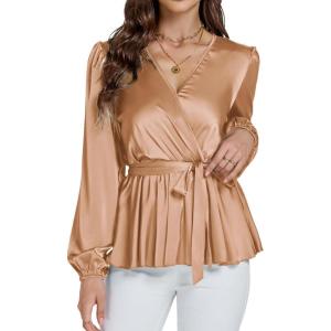 imageLYANER Womens Satin Silky Wraped V Neck Waist Tie Pleated Long Sleeve Blouse Shirt TopBeige