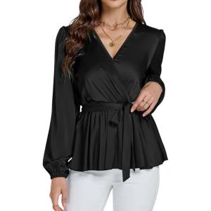 imageLYANER Womens Satin Silky Wraped V Neck Waist Tie Pleated Long Sleeve Blouse Shirt TopBlack