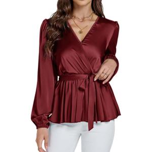 imageLYANER Womens Satin Silky Wraped V Neck Waist Tie Pleated Long Sleeve Blouse Shirt TopBurgundy