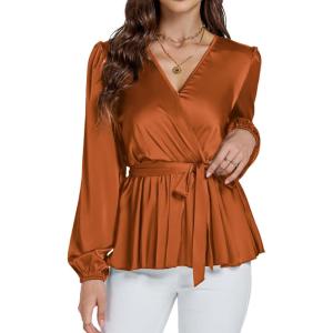 imageLYANER Womens Satin Silky Wraped V Neck Waist Tie Pleated Long Sleeve Blouse Shirt TopBurnt Orange