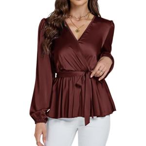 imageLYANER Womens Satin Silky Wraped V Neck Waist Tie Pleated Long Sleeve Blouse Shirt TopCoffee