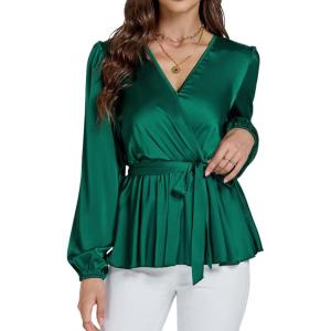 imageLYANER Womens Satin Silky Wraped V Neck Waist Tie Pleated Long Sleeve Blouse Shirt TopDark Green