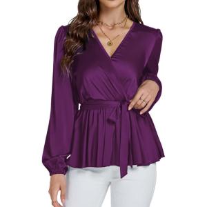 imageLYANER Womens Satin Silky Wraped V Neck Waist Tie Pleated Long Sleeve Blouse Shirt TopDeep Purple