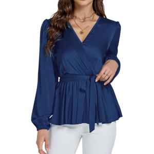 imageLYANER Womens Satin Silky Wraped V Neck Waist Tie Pleated Long Sleeve Blouse Shirt TopNavy