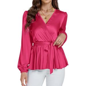 imageLYANER Womens Satin Silky Wraped V Neck Waist Tie Pleated Long Sleeve Blouse Shirt TopRose