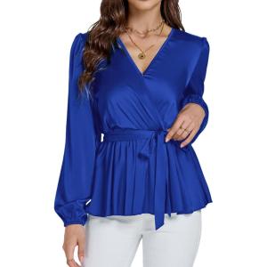 imageLYANER Womens Satin Silky Wraped V Neck Waist Tie Pleated Long Sleeve Blouse Shirt TopRoyal Blue