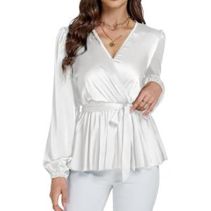 imageLYANER Womens Satin Silky Wraped V Neck Waist Tie Pleated Long Sleeve Blouse Shirt TopWhite
