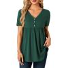 imageLYANER Womens Casual Flowy Tunic Tops V Neck Short Sleeve Button Up Pleated Shirt BlouseDark Green