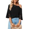 imageLYANER Womens Cold Shoulder Mesh Panel 34 Bell Sleeve Casual Top Blouse ShirtBlack