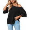 imageLYANER Womens Cold Shoulder Mesh Panel 34 Bell Sleeve Casual Top Blouse ShirtBlack